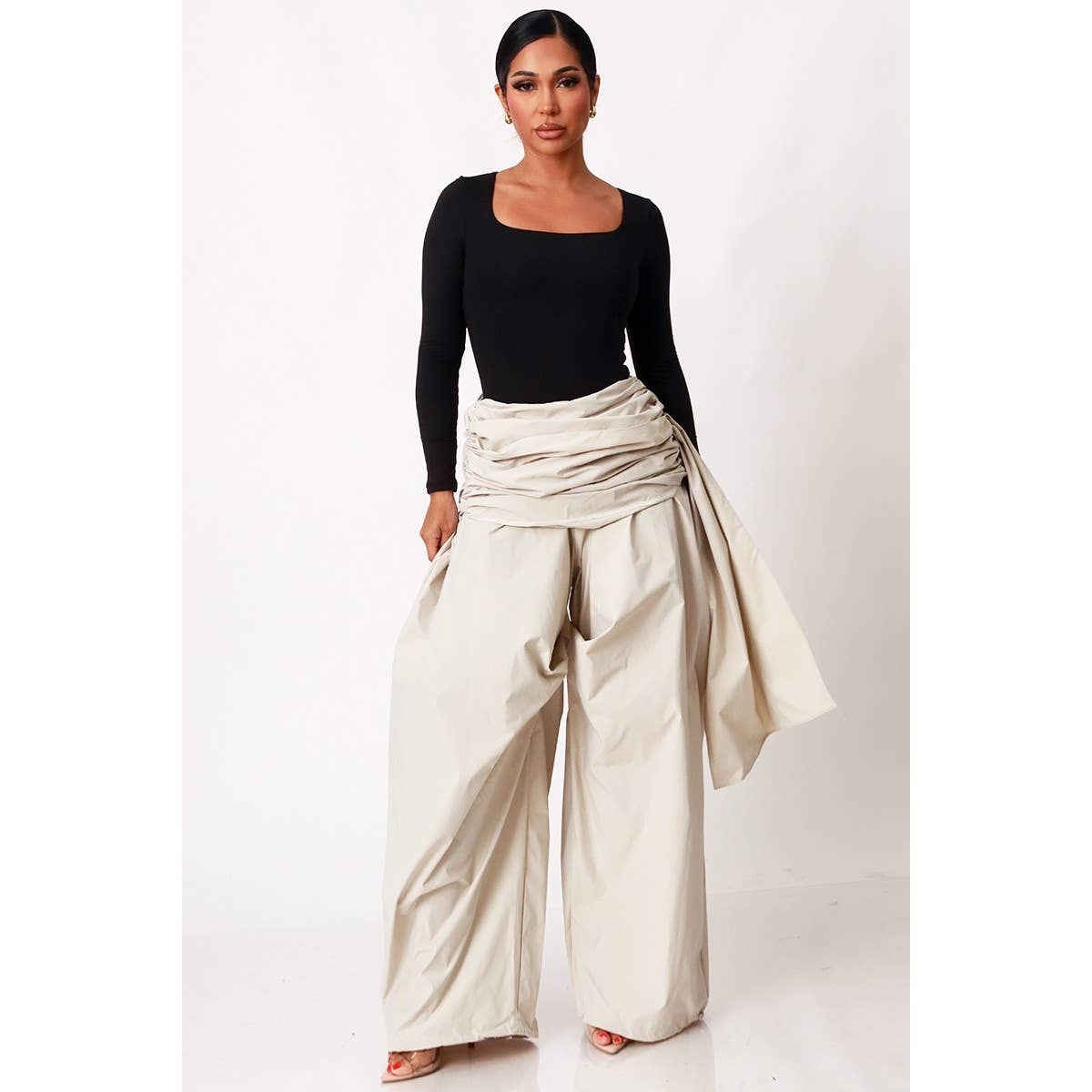 BEIGE SCULPTED DRAPE BALLOON PANTS for wholesale on Faire2