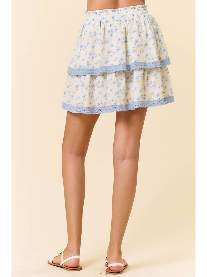 Doe and Rae – Saia - Mulher por atacado – Saia Mini de Renda em Camadas com Estampa Floral Puff - 6551S2