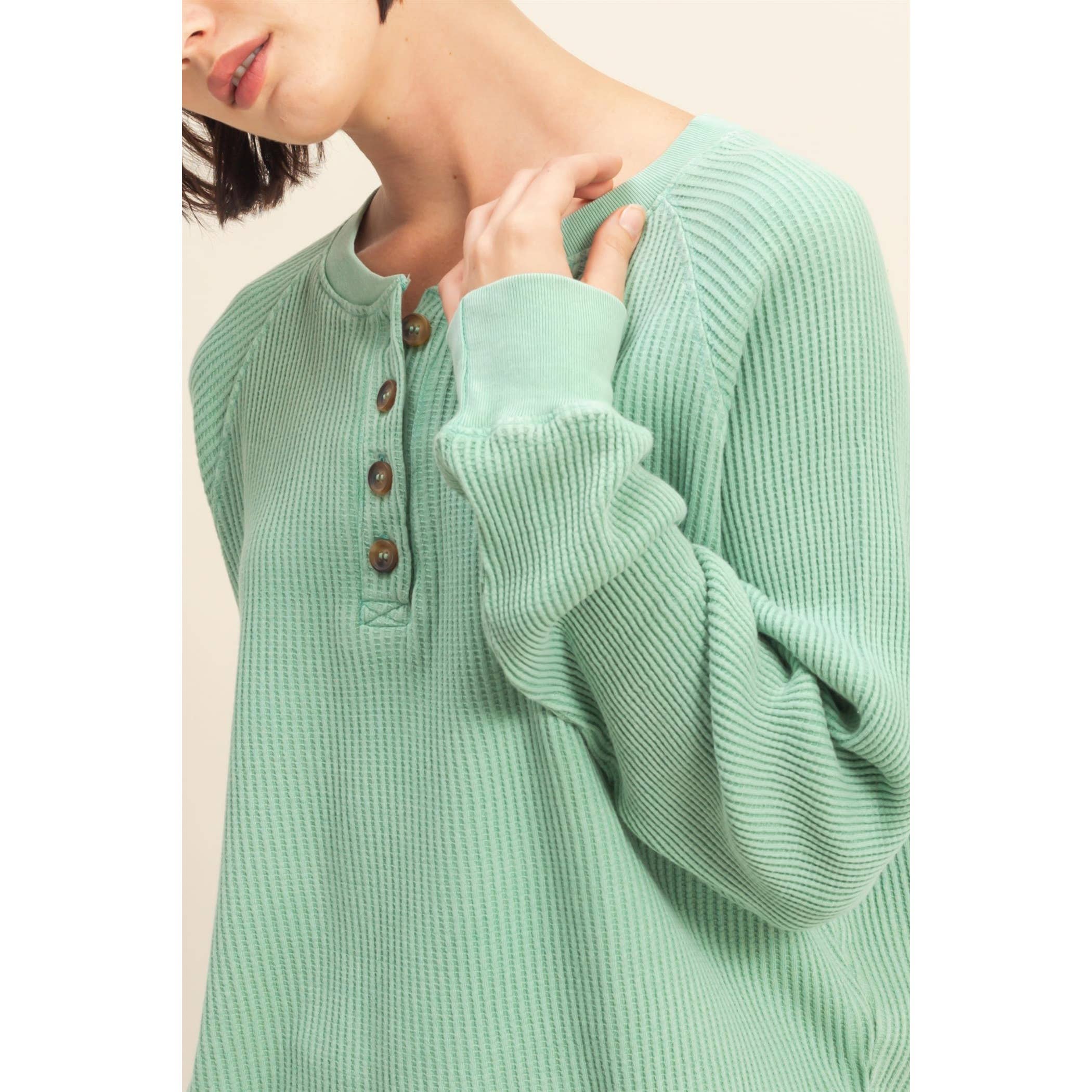 Double Zero - Wholesale Sweatshirt - Women's - Mineral Washed Henley Waffle Raglan Sleeve Top16