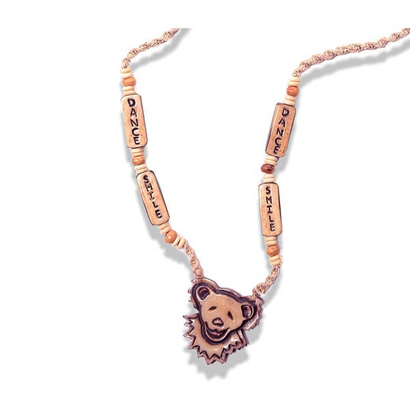 Grateful Dead Bear And Smile Dance Bone Bead Hemp Necklace for wholesale by Gypsy Rose