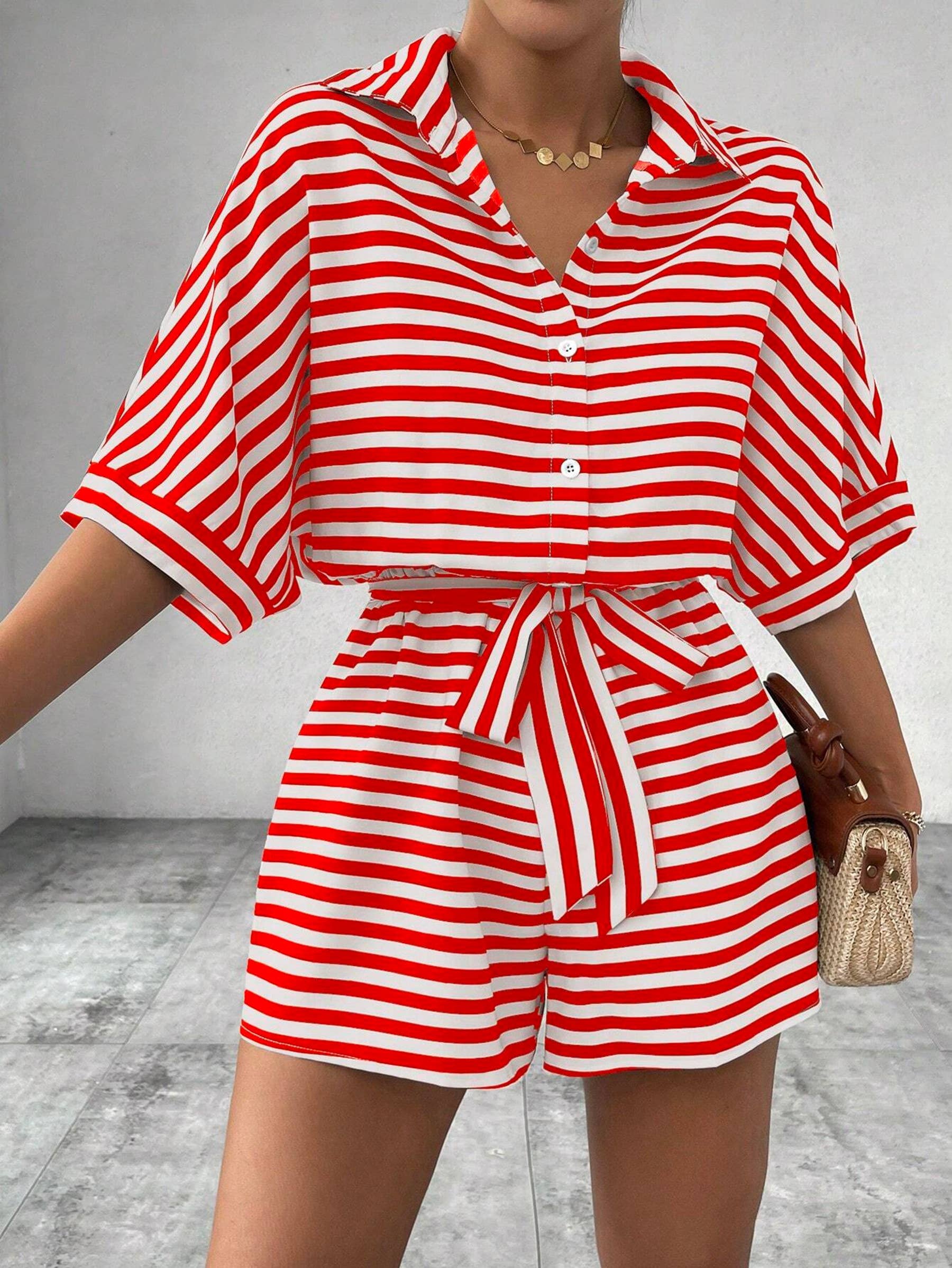 Wholesalesir - Wholesale Romper - Women's - Striped Lapel Button Waistband Shorts Jumpsuit3