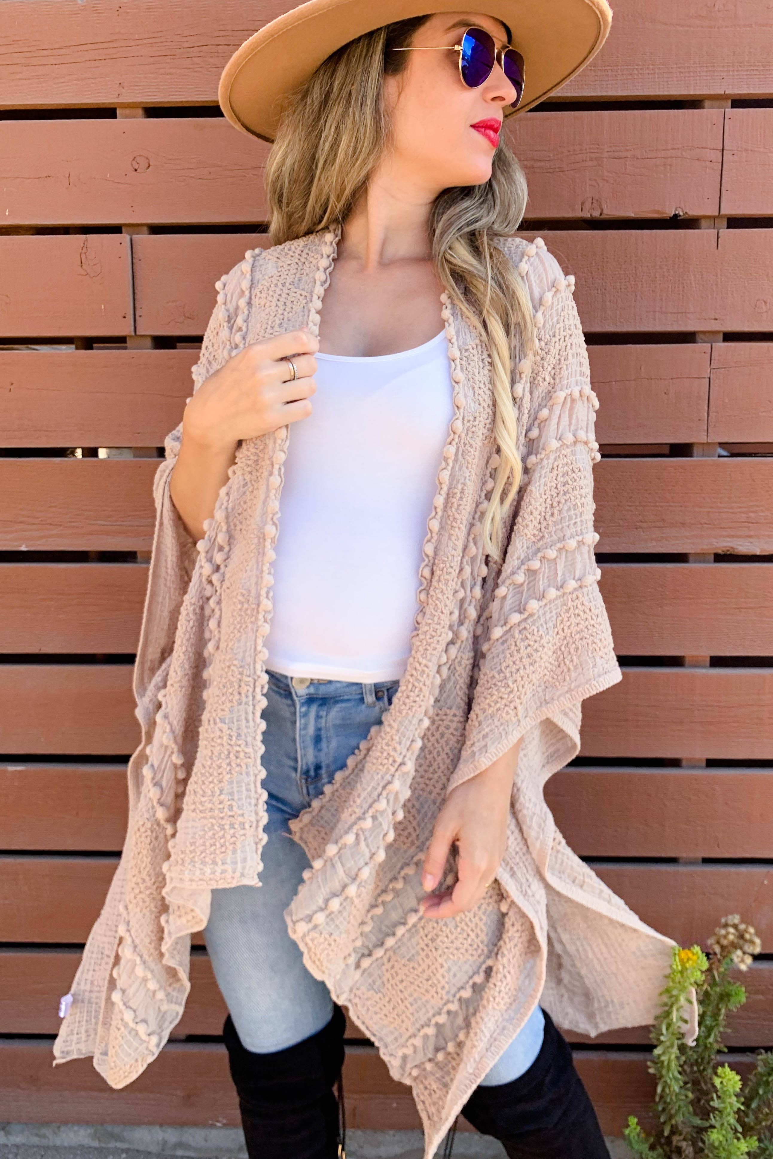 Nude 3D Textured Open Front Soft Kimono Cover Up for wholesale on Faire1