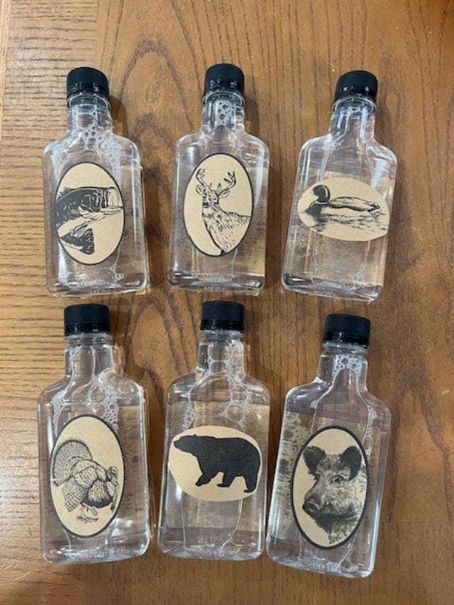 Moonshine Hot Sauce ORIGINAL Small Flask -With Kraft Labels for wholesale by Fairhope Favorites, Inc.