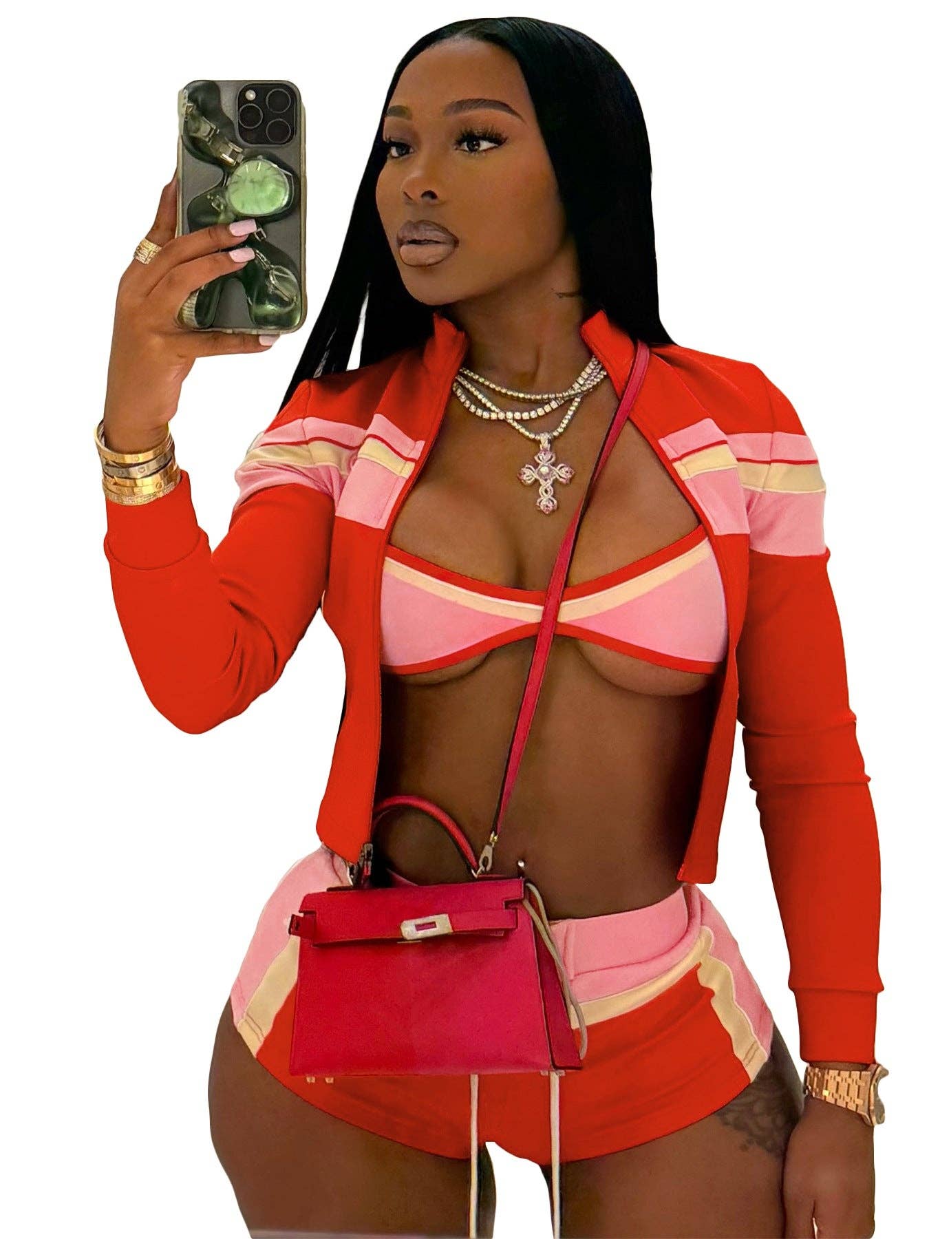 MB Fashion Wholesale - Wholesale Top & Short Set (NOT Loungewear) - Women's - MB FASHION Three-Piece Zip-Up Jacket, Crop Top, and Lace-Up Shorts Set 5029LY