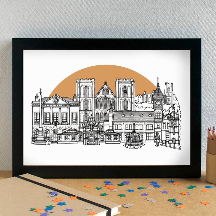Ripon Skyline Landmarks Art Print - unframed for wholesale by Becka Griffin Illustration