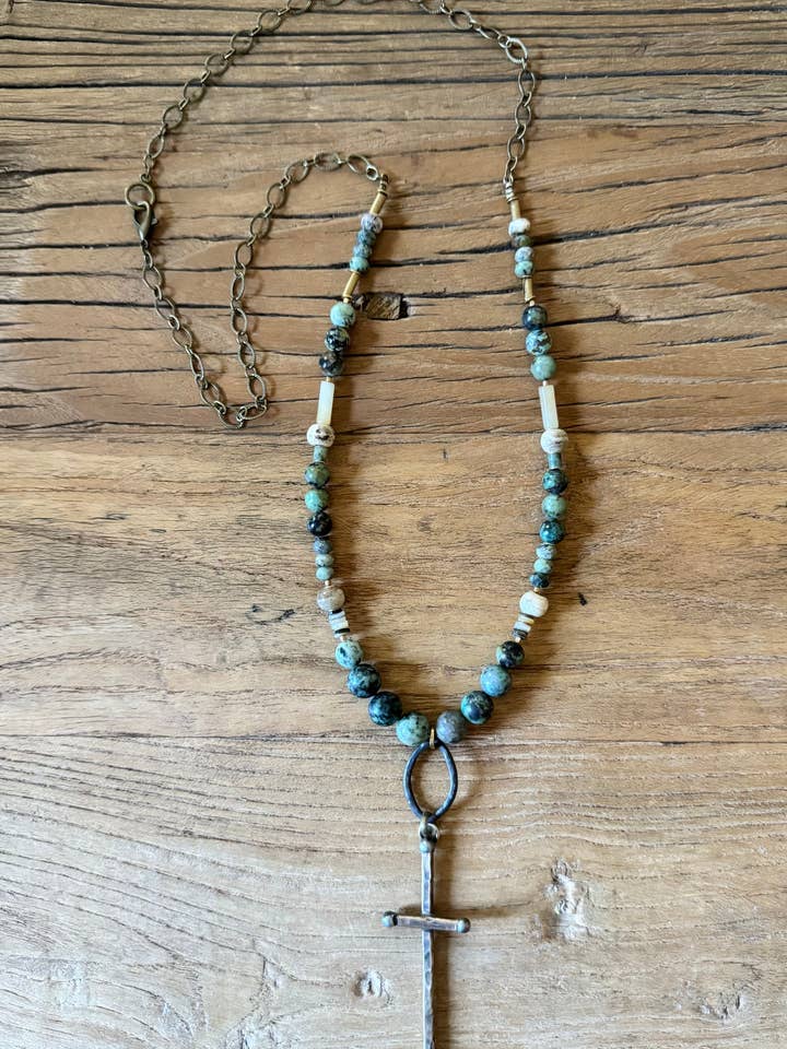 Turquoise Artisan Cross Necklace for wholesale by Funky Trunk Vintage Designs