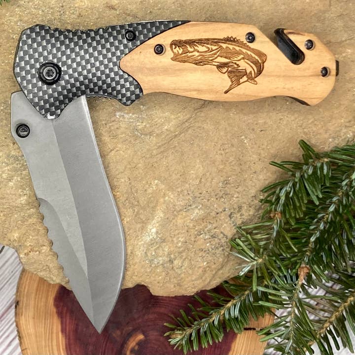 Bass Curved Knife for wholesale by Quail Tail Laser Art