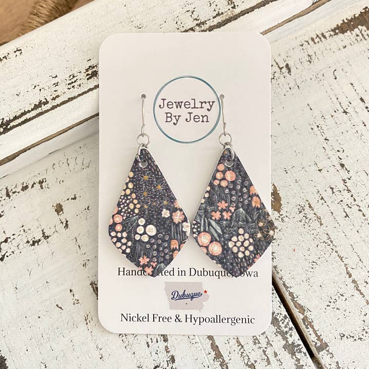 Elegant Teardrop Earrings (Small): Pastel Flowers on Grey for wholesale by Jewelry By Jen