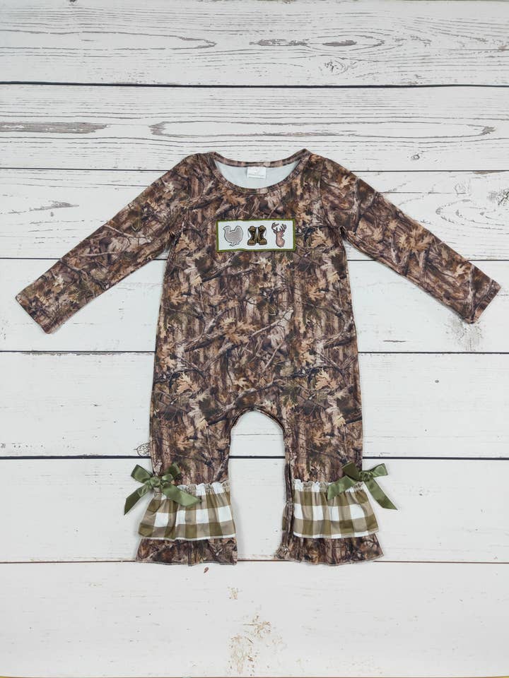 Baby Deer Camouflage Appliqué Ruffled Romper for wholesale by sassy kids palace