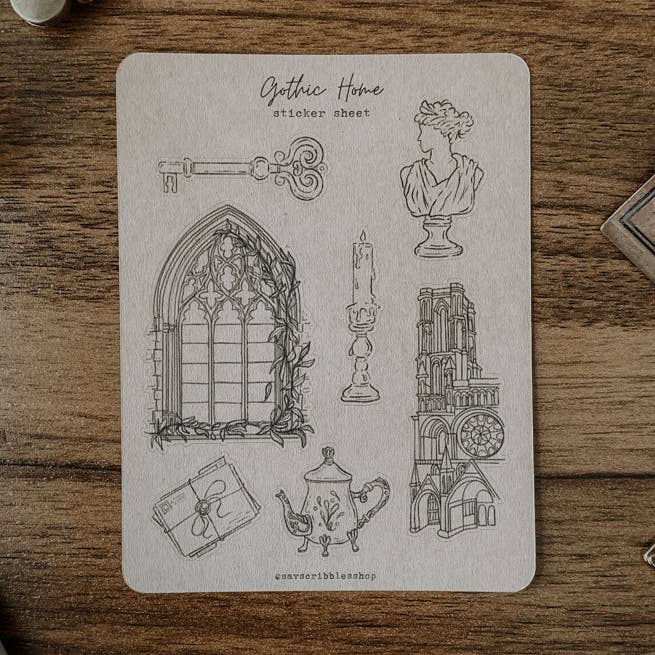 Gothic Home Sticker Sheet for wholesale by Savannah Scribbles Shop