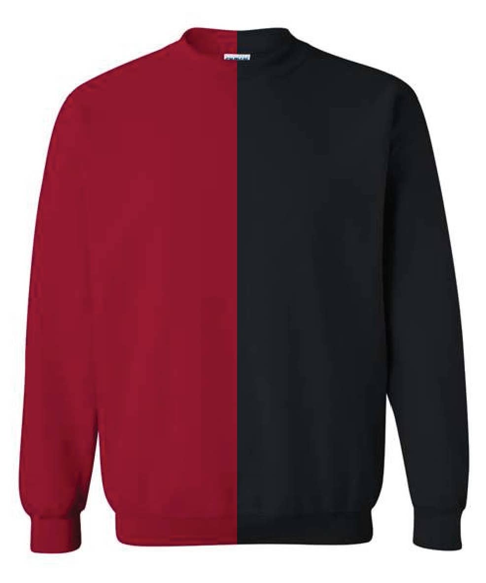 McKenzie’s Infinity LLC - Wholesale Sweatshirt - Unisex - Cardinal Red & Black Split Colored, Two-Toned, Crewneck