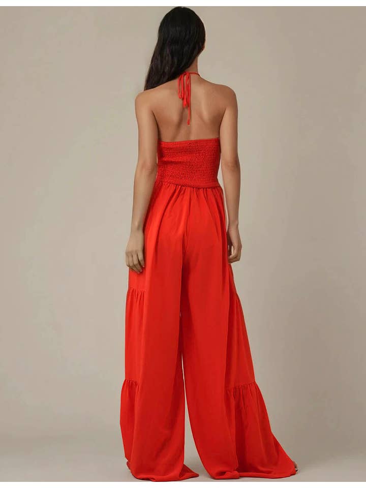 Red Ladies Halter Overall Elastic Waist Wide Leg Jumpsuit SKJ5KC901 for wholesale on Faire