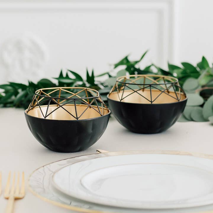 Weddingstar Inc. - Wholesale Candle holder - Short Round Geo Metal Candle Holder - Black With Gold2