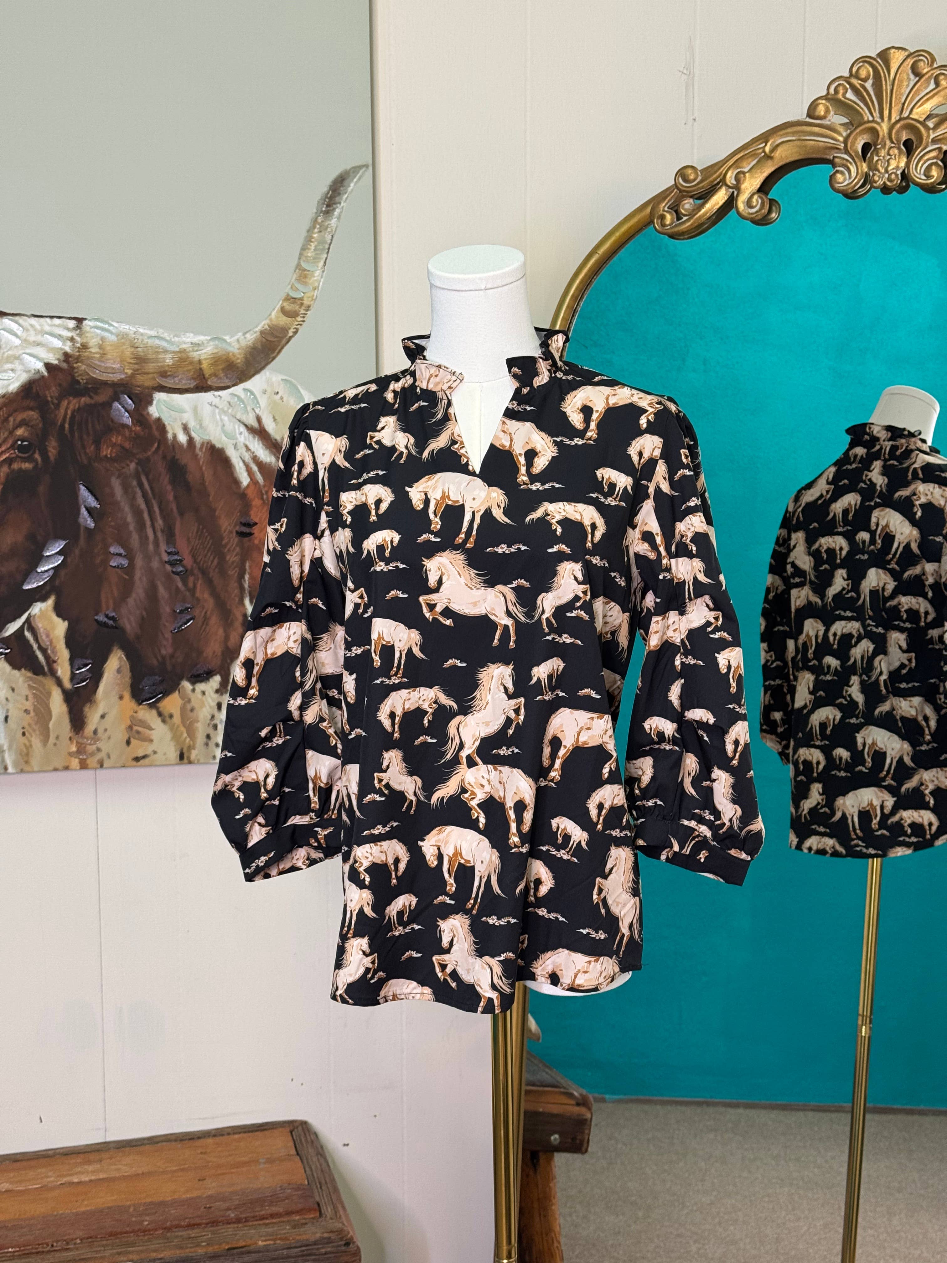 Rockin A Design - Wholesale Blouse - Women's - Fresh Horses 3/4 sleeve top