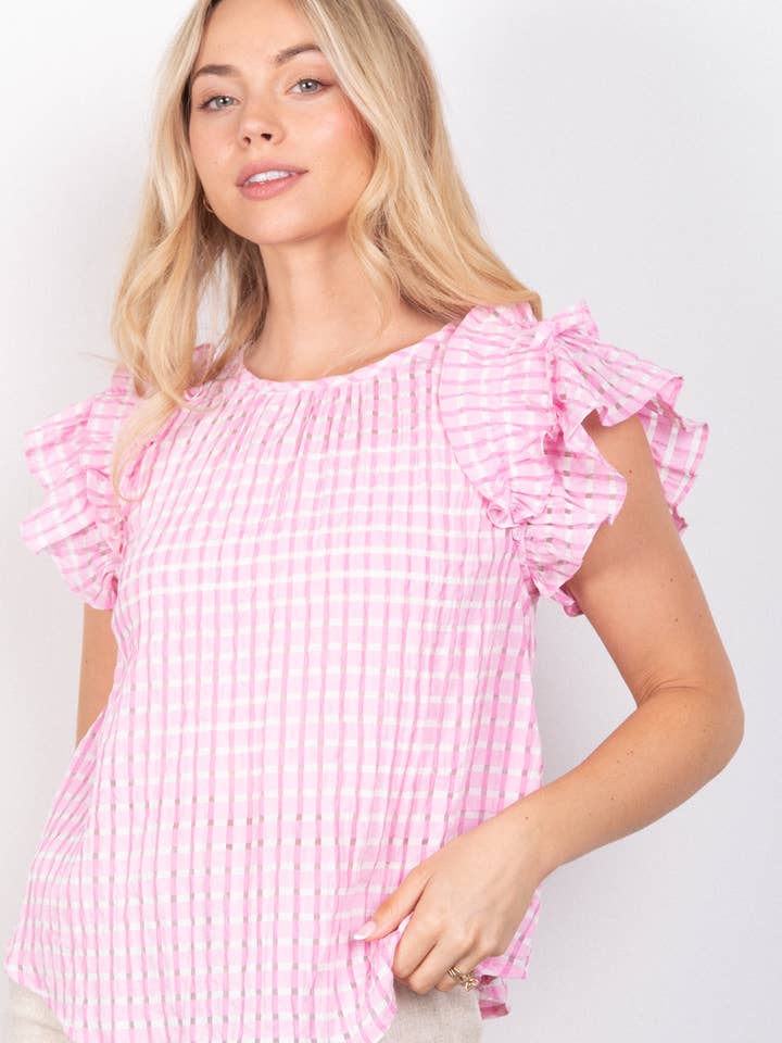 MANGO NT11480-Layer Ruffle Sleeve Plaid Flannel Woven Top for wholesale on Faire