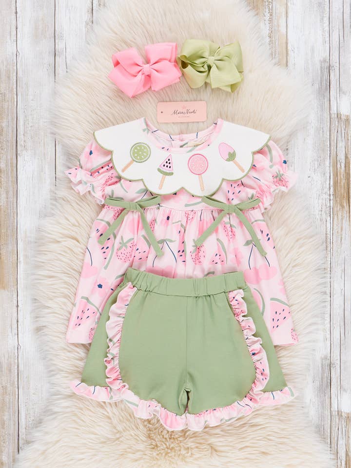 Marie Nicole Clothing - Wholesale Top & Short Set - Kids - Watermelon Pops Embroidered Ruffle Outfit