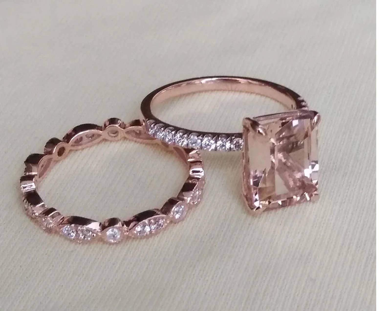 GEMPARA - Wholesale Engagement Ring - 14K Solid Rose Gold Emerald Cut Morganite Ring Set2
