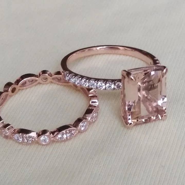 GEMPARA - Wholesale Engagement Ring - 14K Solid Rose Gold Emerald Cut Morganite Ring Set2