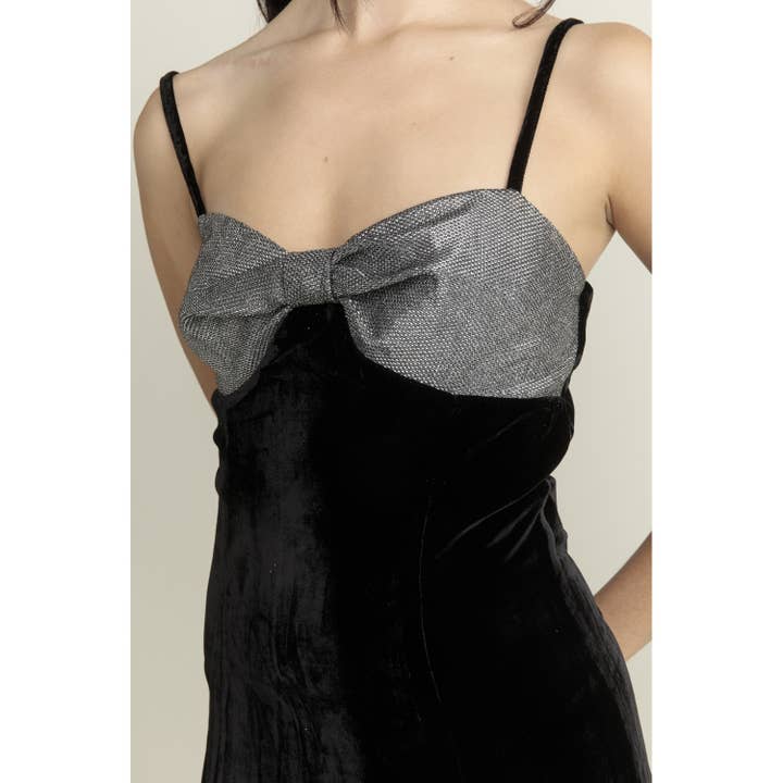 BLACK SILVER JD7188- LUREX BOW VELVET SLIP MINI DRESS for wholesale on Faire