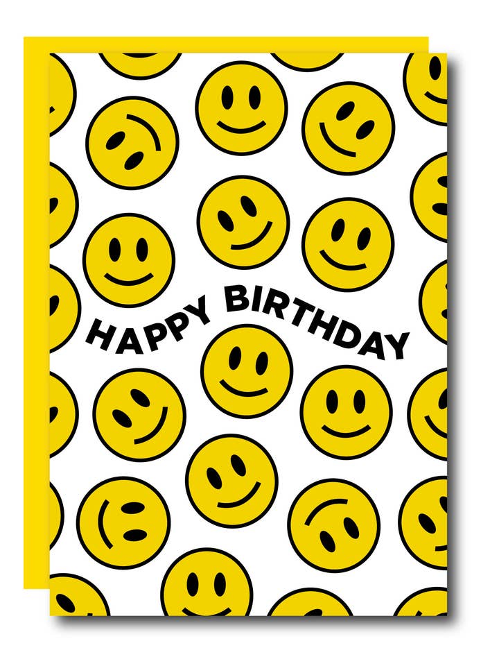Happy Birthday Yellow Smiley Greeting Card for wholesale by Studio Soph (We Pay Your Import Fees - We Ship DDP)
