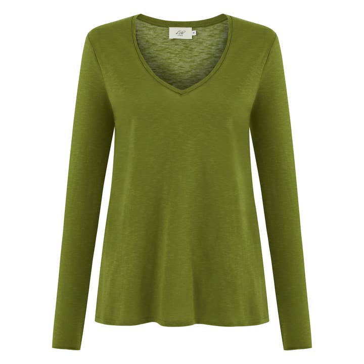 Esterella V Neck T-Shirt L/S Guacamole Flame for wholesale by d'Els - Elsa Altaras Nasi und Nasi GbR