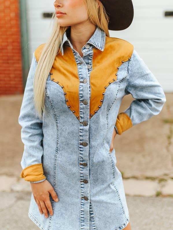 LUCKY & BLESSED - Wholesale Dress - Women's - Mineral Wash Denim Concho Suede Studded Yoke0