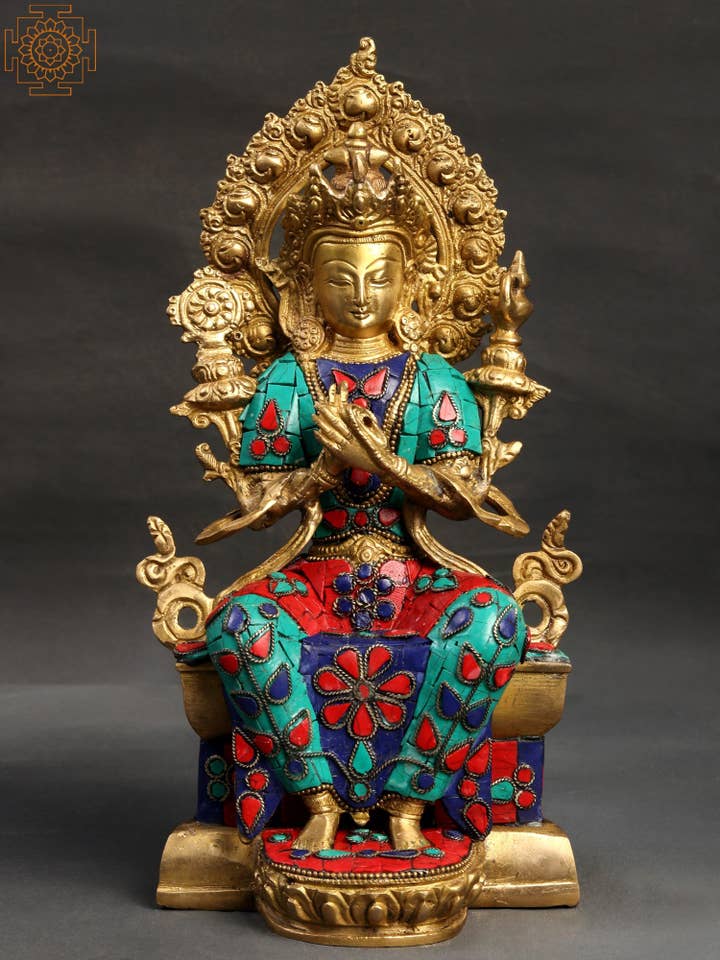 11" Tibetan Buddhist Deity Maitreya Buddha|Brass With Inlay for wholesale by Exotic India Art