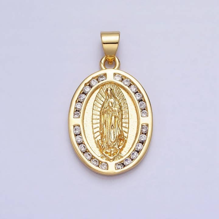 24K Gold Filled Mother Virgin Mary Guadalupe CZ Lined Oval Religious Pendant | AA234 for wholesale by Aim Eternal