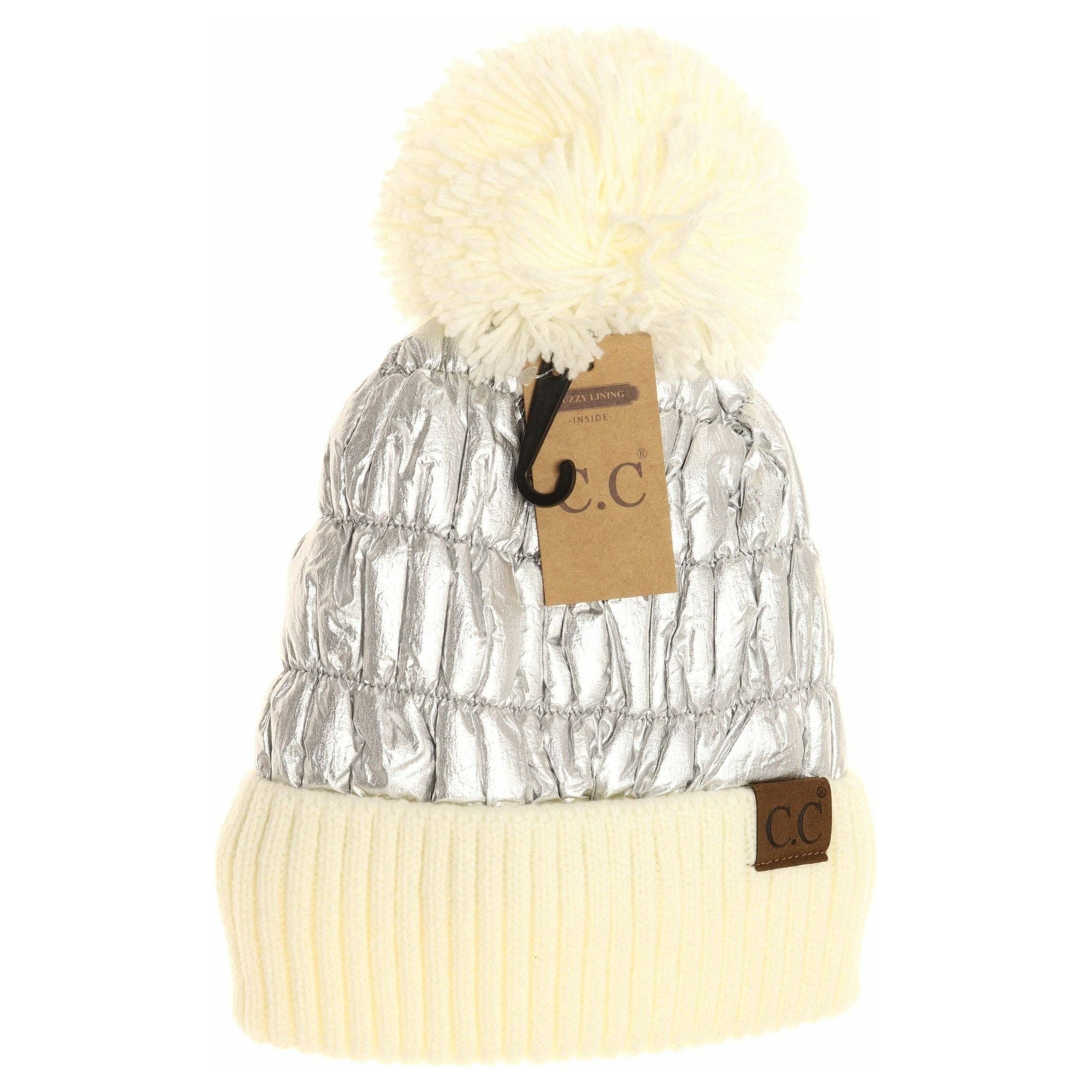 C.C Beanie - Vente Bonnet – femme - Bonnet à pompon en tricot métallisé HAT36002