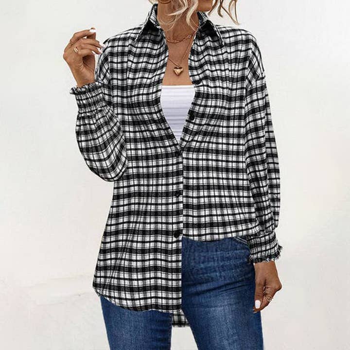 Temperament loose puffed sleeve plaid shirt for wholesale by Lily Clothing