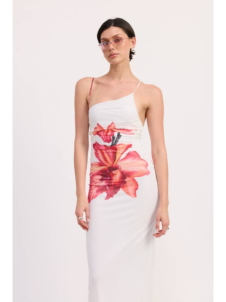 WHITE PINK FLORAL PRINTED ONE SHOULDER RECHED DRESS for wholesale on Faire