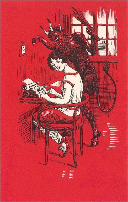 Found Image Press - Wholesale Stationery/Notecard Set - Greeting Card DM-29 Smiling Typist with Looming Devil0