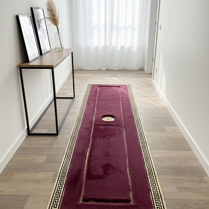 Burgundy Plush Runner Rug – Gold Accent Detailing, Ultra-Soft Texture, Non-Slip Backing, Custom Sizes Available for wholesale by Karelias And Sons