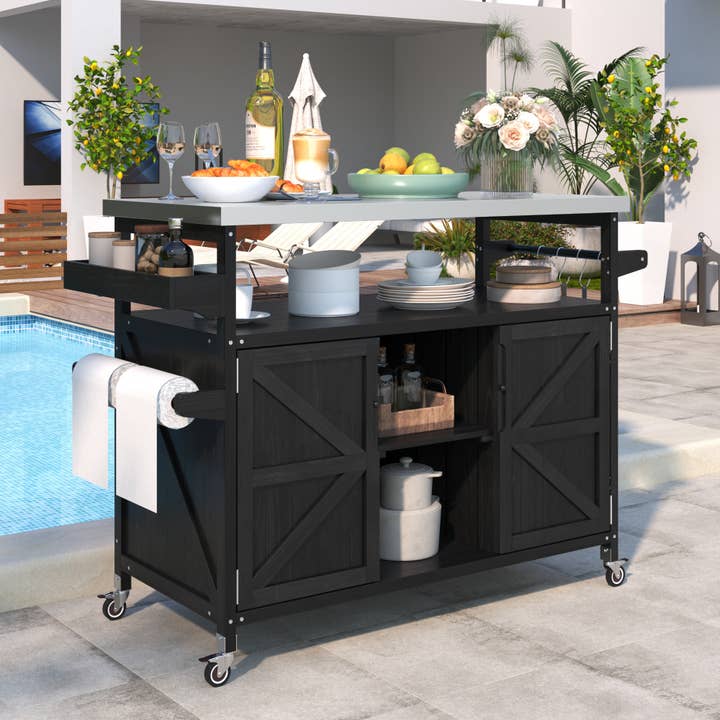39F Inc. - Wholesale Outdoor Ornament/Decor - Outdoor Kitchen Island,Farmhouse Solid Wood Rolling Cart