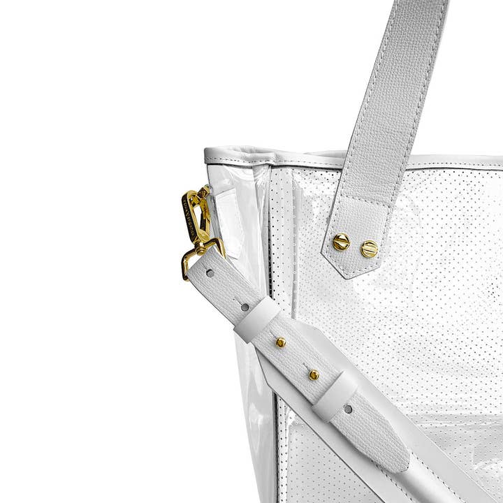Gameday Bag - White Leather / Clear PVC / Gold Hardware for wholesale on Faire7