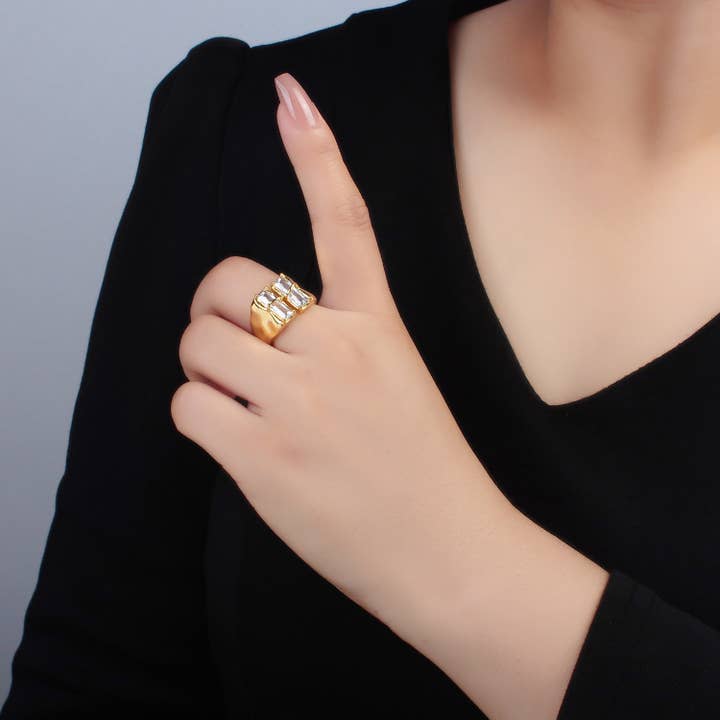 Aim Eternal - Wholesale Band/Stacked Ring - 24K Gold Filled Double Baguette CZ Signet Wrap Ring | U330