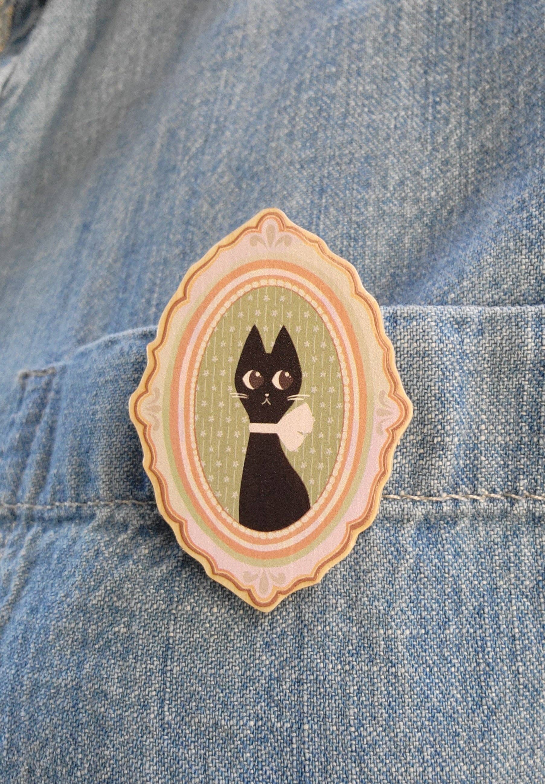 Ting Draws - Wholesale Lapel Pin/Button - Vintage Black Cat Wooden Pin
