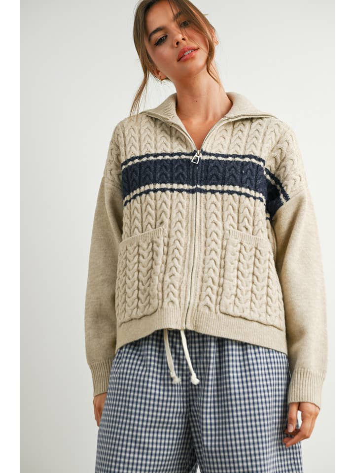 BUTTERMELON - Wholesale Cardigan - Women's - Zip-Front Collared Striped Knit Long Sleeve Top - BMC788716