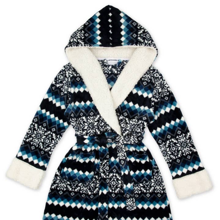 Women's Fluffy Plush Robe With Hood- Nordic Snowflake for wholesale by Weddingstar Inc.