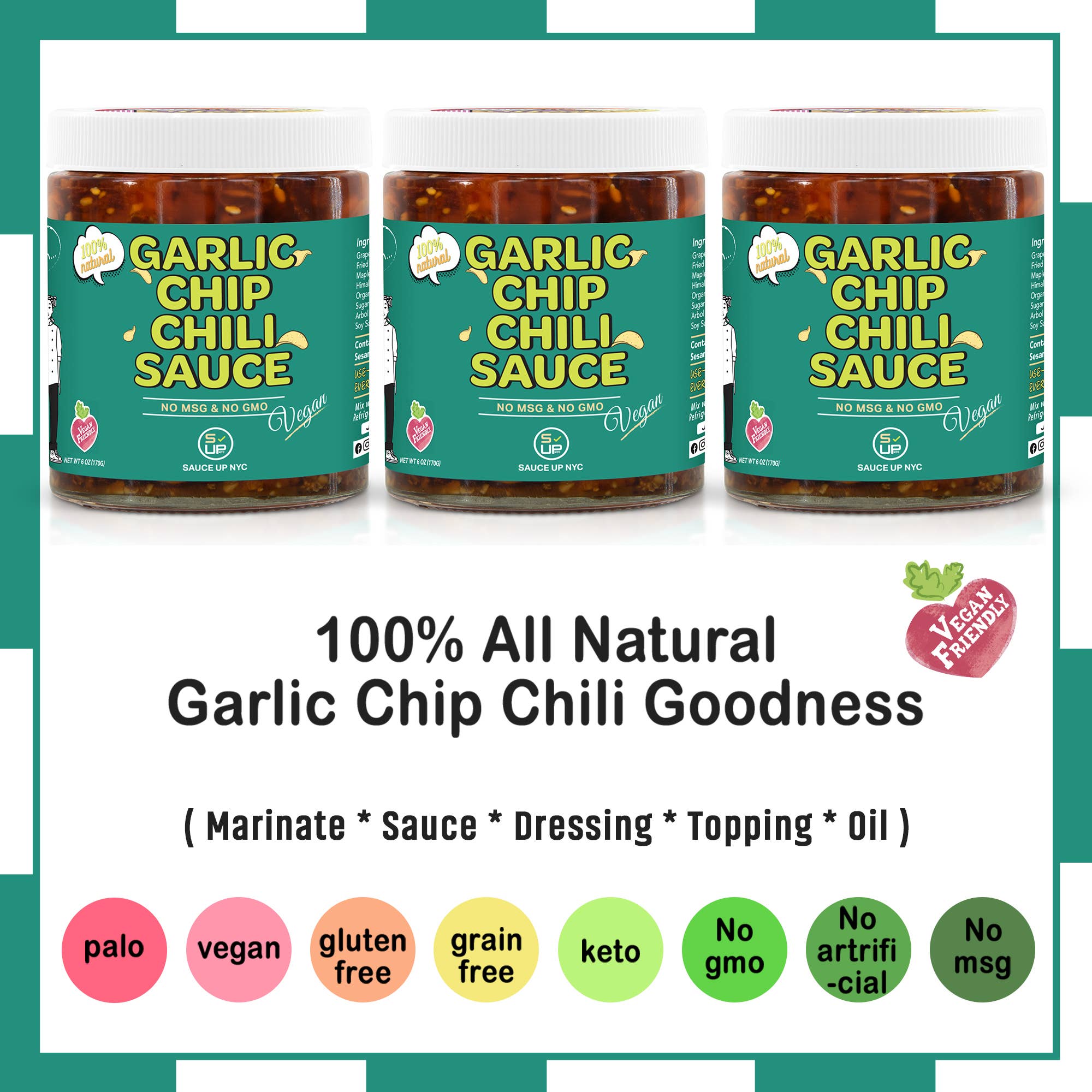 SAUCE UP NEW YORK - Wholesale Sauce - 100% All-Natural Vegan Garlic Chip Chili Sauce - Topping!1