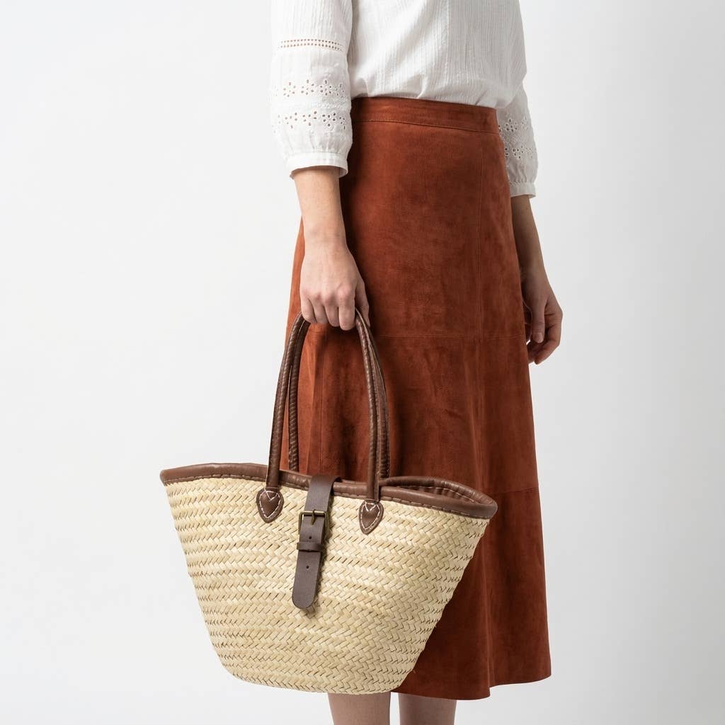 Melecraft – Großhandel Strandtaschen – Französischer Marktkorb mit Leder, Korb mit Zierschnalle2