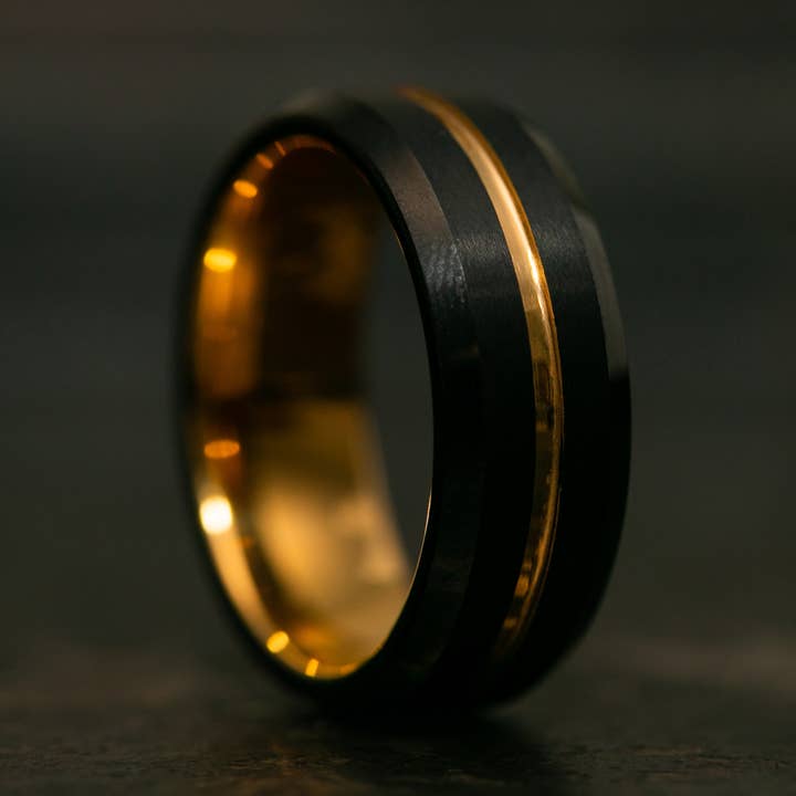 Black and Gold Ring, Black Wedding Band with 18k Gold for wholesale by AxBands