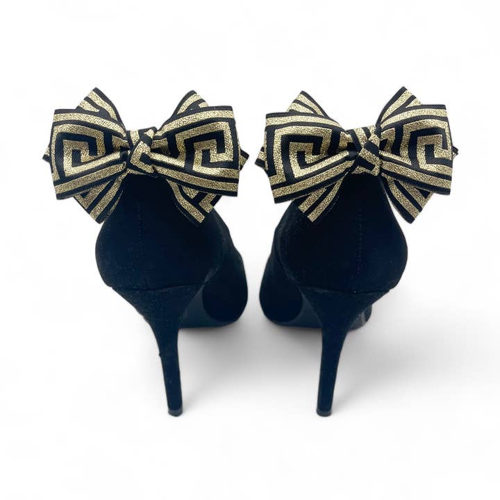 Black and Gold Greek Key Bow Shoe Clips for wholesale by Melissa Velia