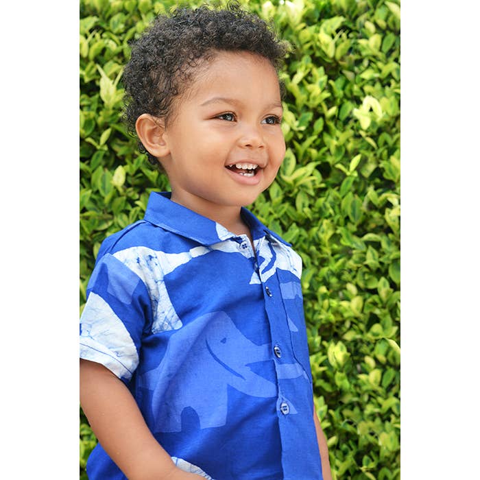 Kids: Button Down Shirt: Elephants - Blue-Organic for wholesale by Global Mamas