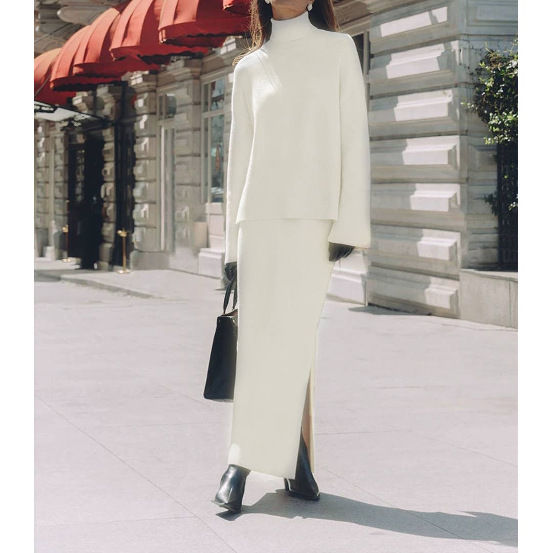 Wit Gebreide Elegante Losse Trui en Rok met Zijsplit Set ZK3458 voor groothandel op Faire2