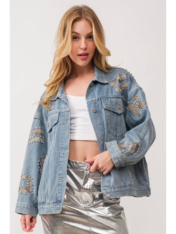 IJ2791 Overdimensioneret denimjakke med piggede rhinestones med knapper for engroshandel hos KIWI