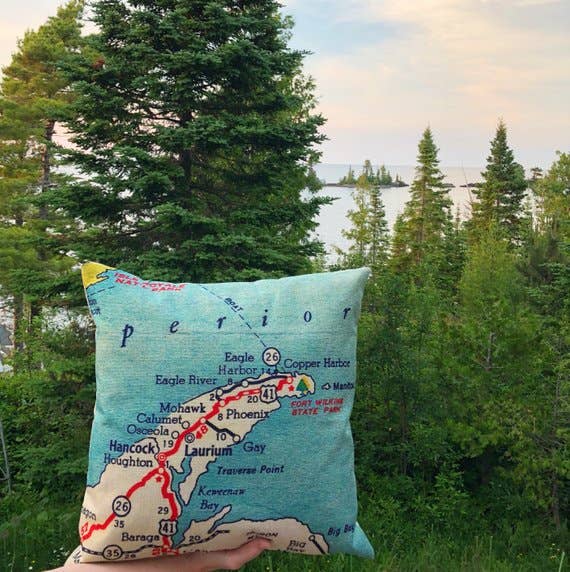 Daisy Mae Designs - Wholesale Throw/Decorative Pillow - Keweenaw Michigan Map Pillow  – 18" Square Throw Pillow1