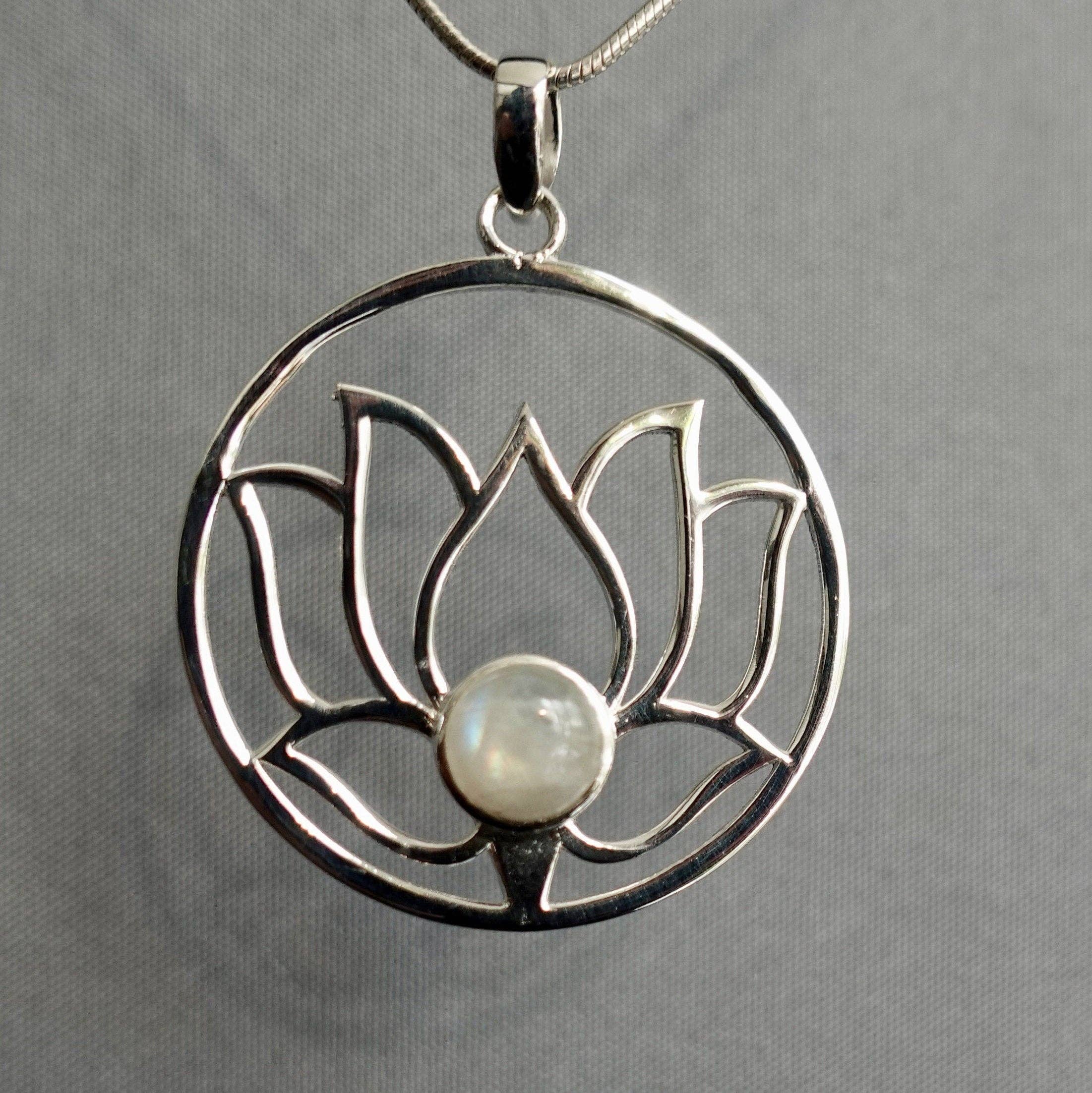 Mistry Gems – wholesale Pendant/charm necklace – Large Round Moonstone Lotus Flower Pendant | Sterling Silver4
