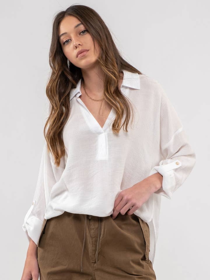 Blu Pepper - Wholesale Blouse - Women's - COLLARED SPLIT NECK LONG SLEEVE0