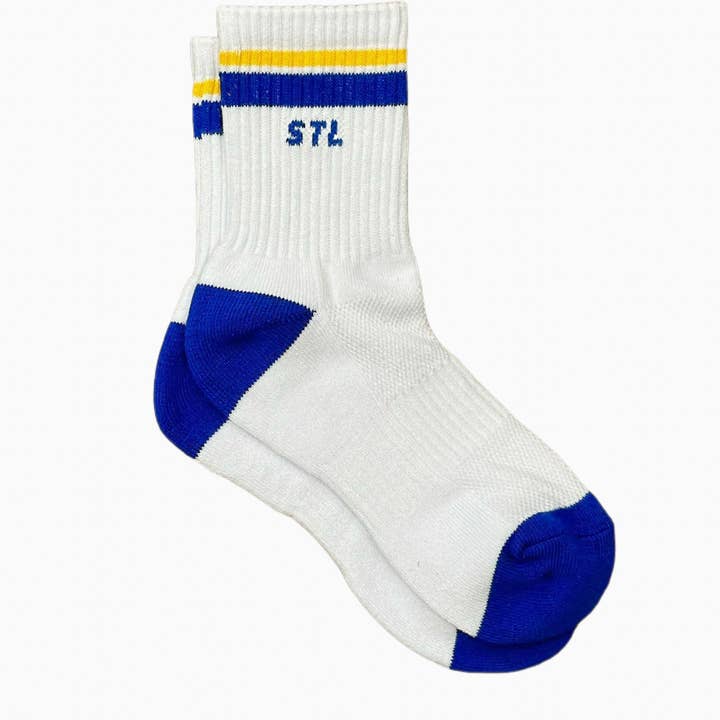 City Socks - St. Louis Crew Socks - White with Blue & Yellow for wholesale by Carly Rae Studio